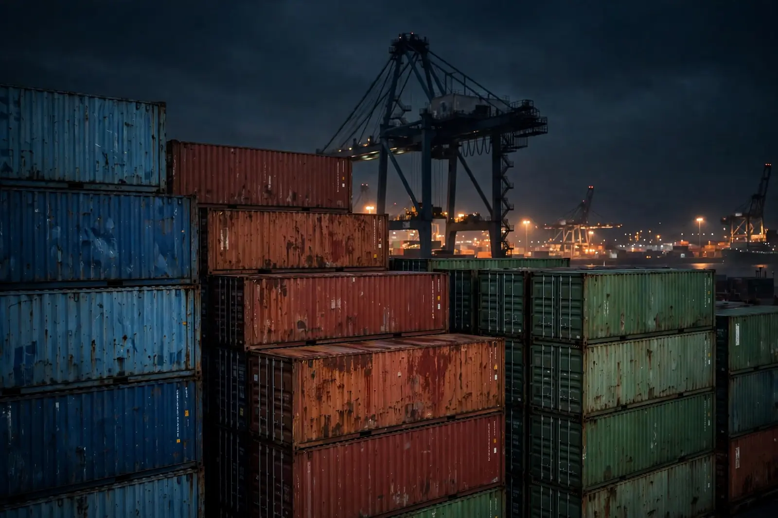 Stacked shipping containers at a night port