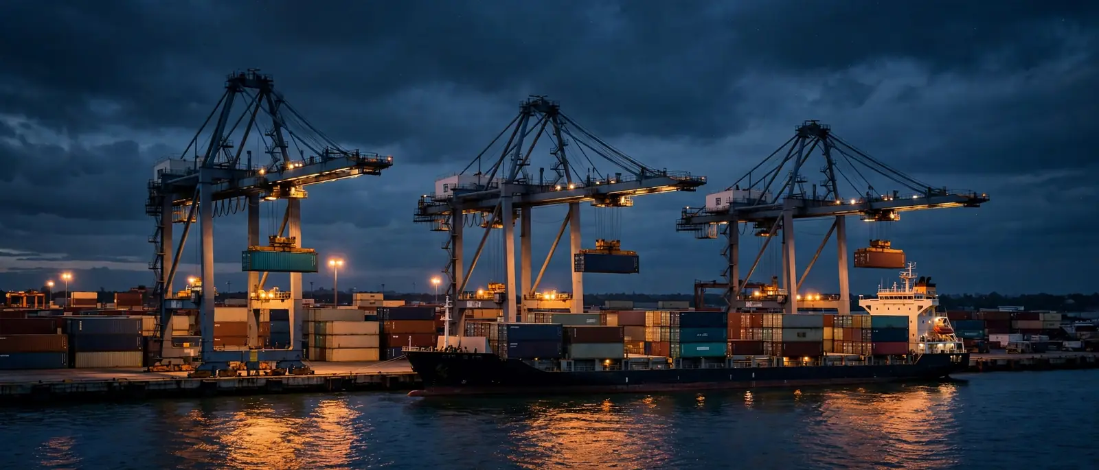 Gantry cranes loading shipping containers at dusk