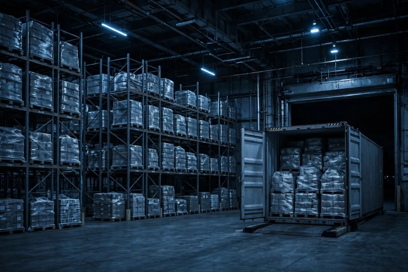 Warehouse racking with pallets and a shipping container at the loading dock